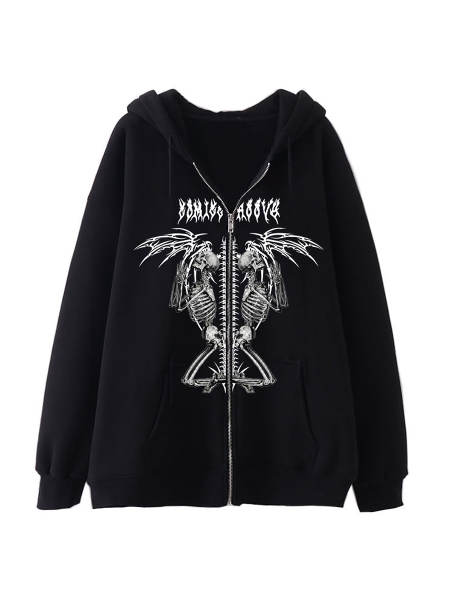 Inevnen Women Men Skull Skeleton Zip Up Hoodie Casual Y2K