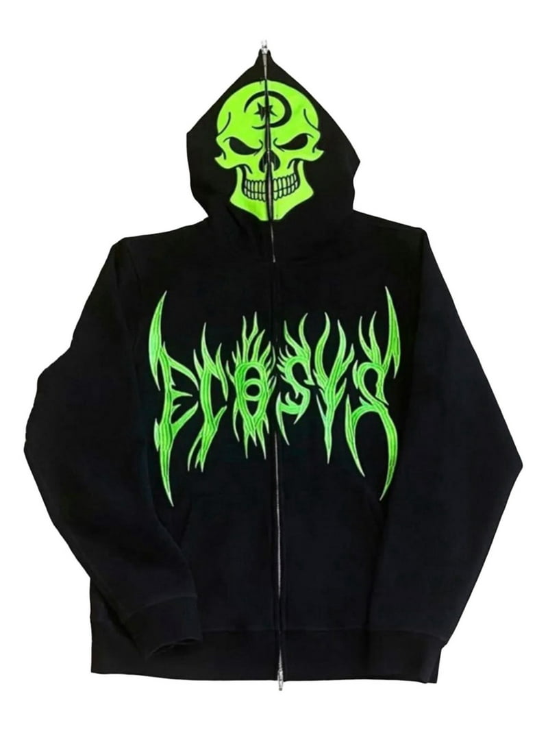 Inevnen Women Men Skull Skeleton Zip Up Hoodie Casual Y2K