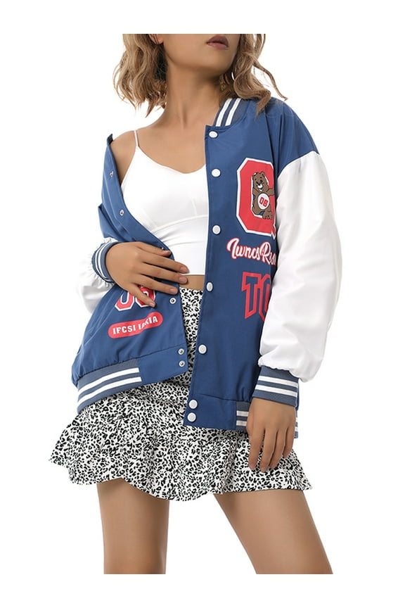 Women Oversized Varsity Jacket Long Sleeve Zip Up Bomber Baseball Coat Biker Outwear Streetwear