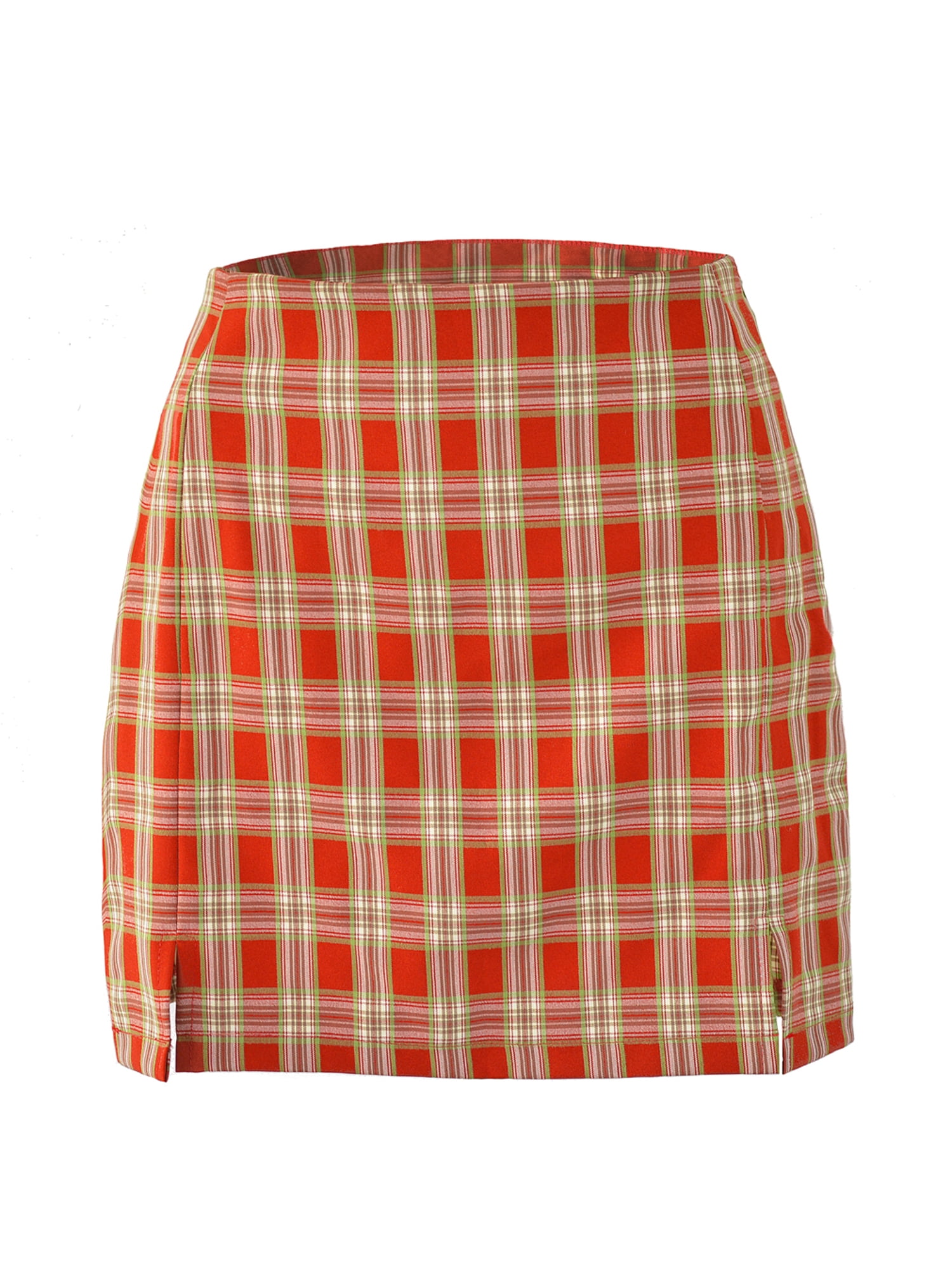 Inevnen Women Plaid Skirt High Waist Split Mini Bodycon Skirt A
