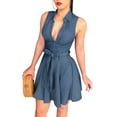 thumbnail image 1 of Inevnen Women Sleeveless Denim Mini Skater Dress Collared Button Down Short Swing Shirt Dress with Belt, 1 of 8