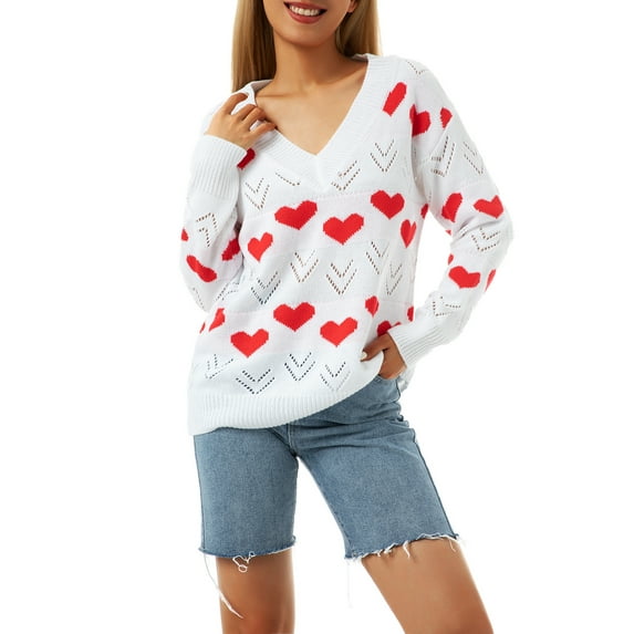 Inevnen Women Valentine Heart Sweater V Neck Knit Loose Casual Long Sleeve Ribbed Pullover Jumper Tops