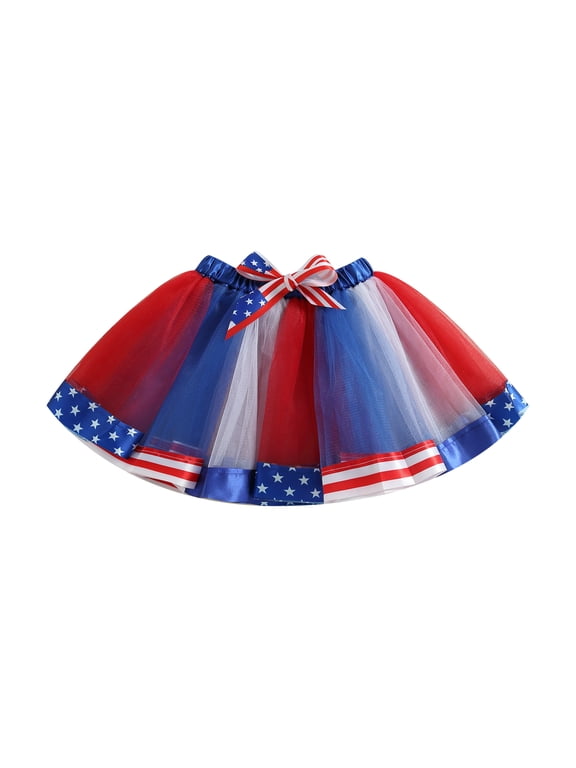 Women and Kid Girl 4th of July Layered Tulle A-Lined Patriotic Flag Skirt Casual Party Stage Show Dancing Short Dress