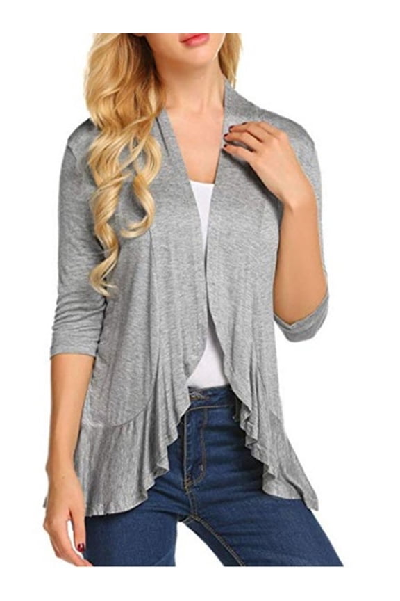Women's Casual Lightweight Open Front Cardigans Soft Draped Ruffles 3/4 Sleeve Cardigan