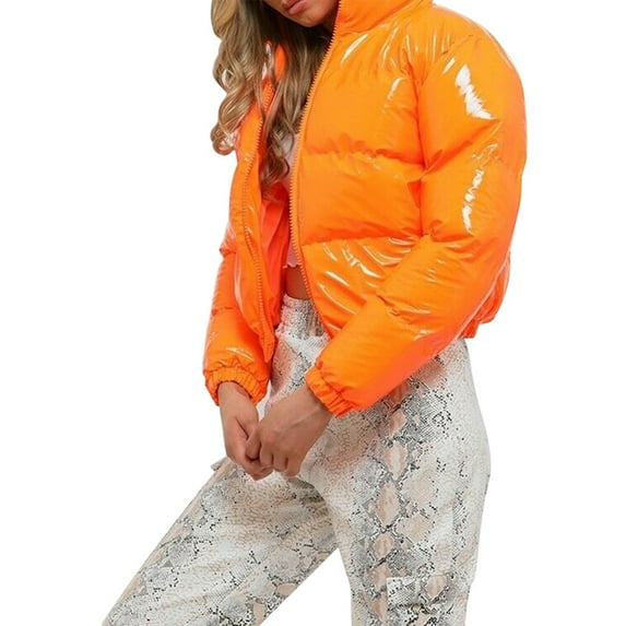 Inevnen Women's Crop Short Jacket Cropped Winter Lightweight Puffer Down Patent Leather Coat Top