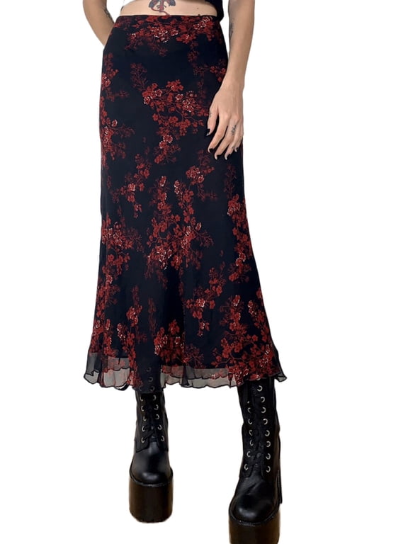 Women 's Fairy Grunge Midi Skirts High Waist Art Print A-Line Long Skirt 90s E-Girls Streetwear