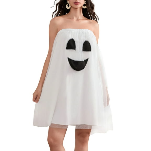 Inevnen Women's Halloween Cosplay Ghost Costume Tulle Tutu Dress Ghost Halloween Party Cosplay Strapless Babydoll Dress Costume