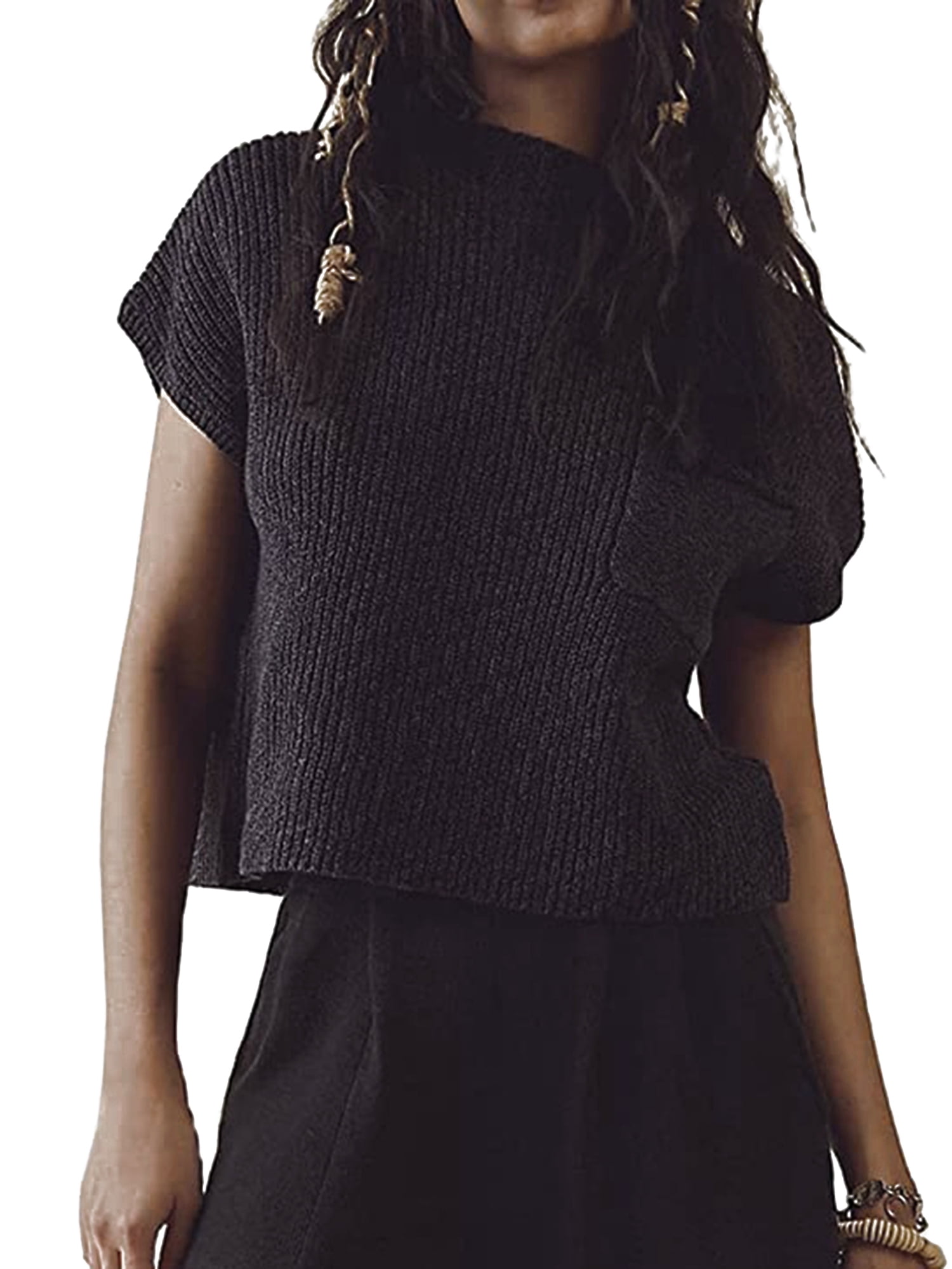 Inevnen Women's Mock Neck Short Cap Sleeve Sweater Vest Casual Solid