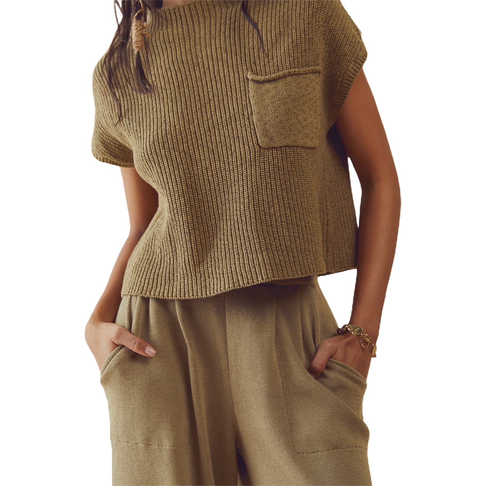 Inevnen Women's Mock Neck Short Cap Sleeve Sweater Vest Casual Solid