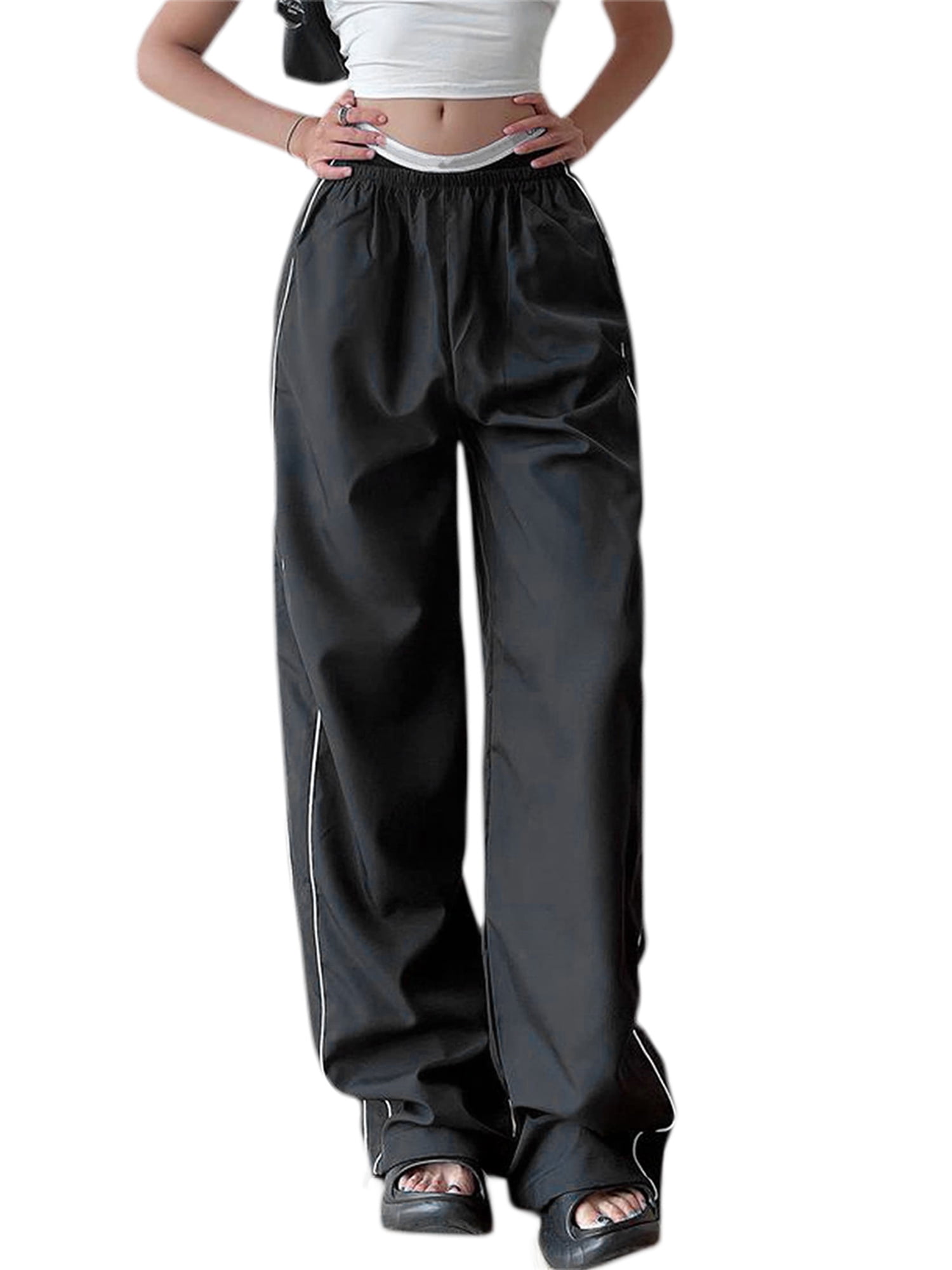 Inevnen Women's Parachute Pants Elastic Waist Baggy Cargo Y2K Track Pants  Cinch Bottom Sweatpants Jogger Streetwear
