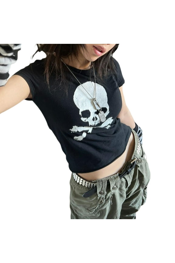 Women's Slim Fit Skull Print Crop Top Gothic Graphic Print Top Shirts for Teens Girls