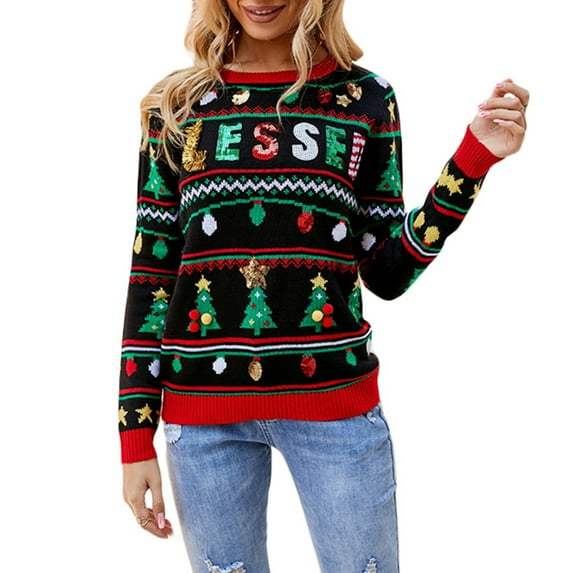 Inevnen Women's Ugly Christmas Sweaters Snowflake Reindeer Holiday Knit Xmas Sweater Pullover Tops