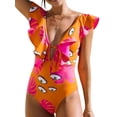 thumbnail image 1 of Inevnen Women's V Neck One Piece Swimsuit Ruffled Lace Up Eyes Leaves Print Monokini, 1 of 8