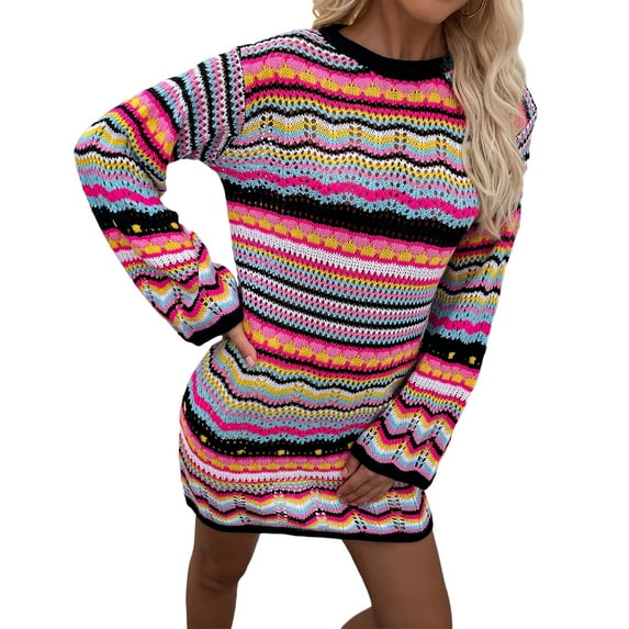 Inevnen Womens Crochet Knit Dress Rainbow Stripe Long Sleeve Bodycon Mini Dress