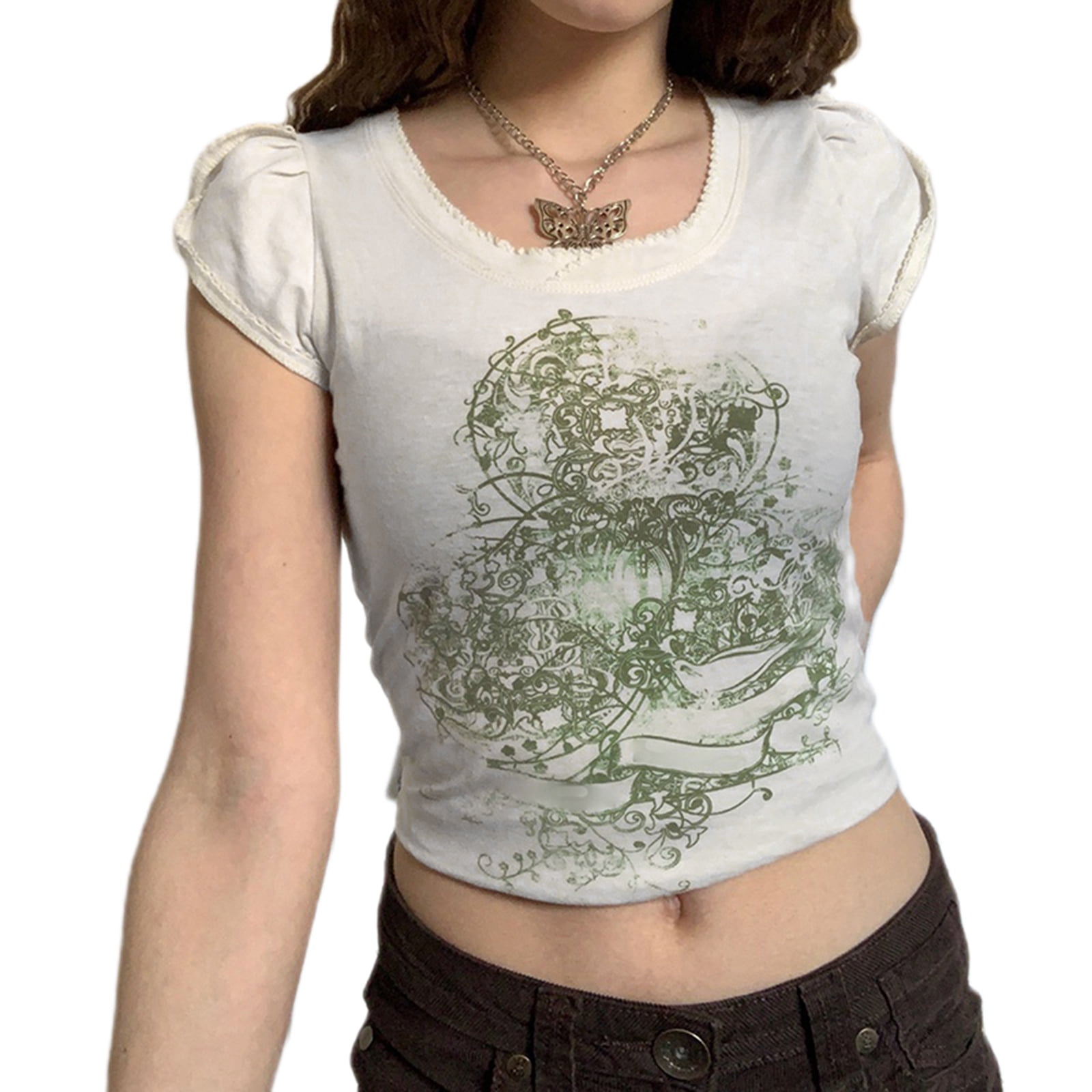 Womens Graphic Print Crop Tops Cute Kawaii Short Sleeve T-Shirts E-Girls Teen Summer Clothes