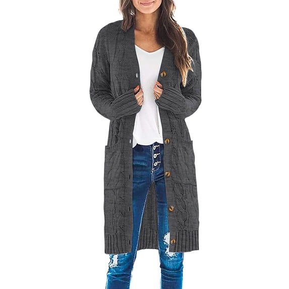 Inevnen Womens Long Sleeve Cable Knit Long Cardigan Open Front Button Sweater Outerwear