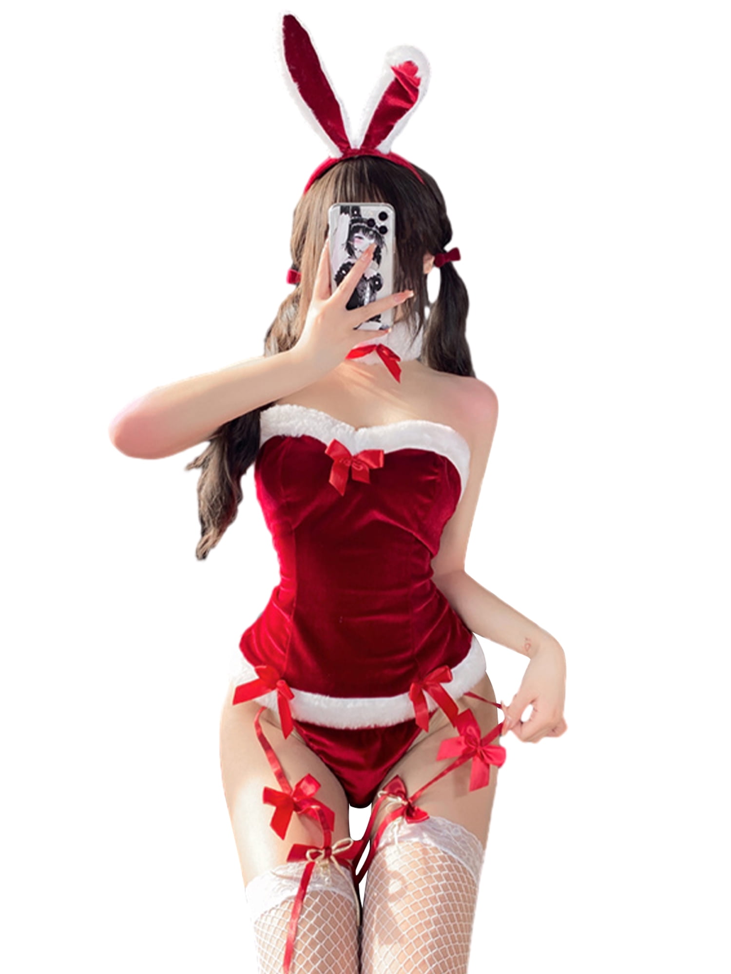 Womens Plus Size Christmas Babydoll Lace Sexy Lingerie Santa Cosplay  Costume Set