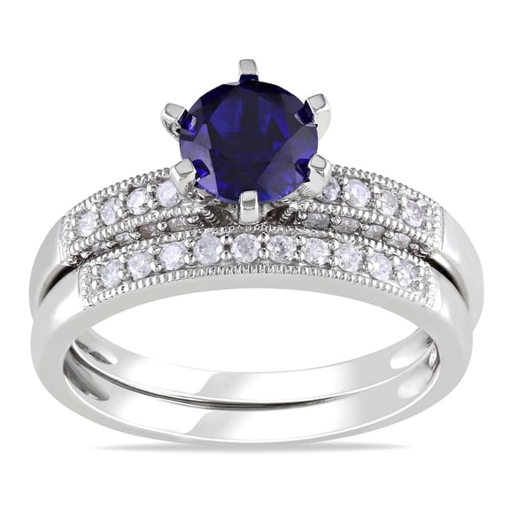 Inexpensive 1 Carat Sapphire and Diamond Wedding Set for Her