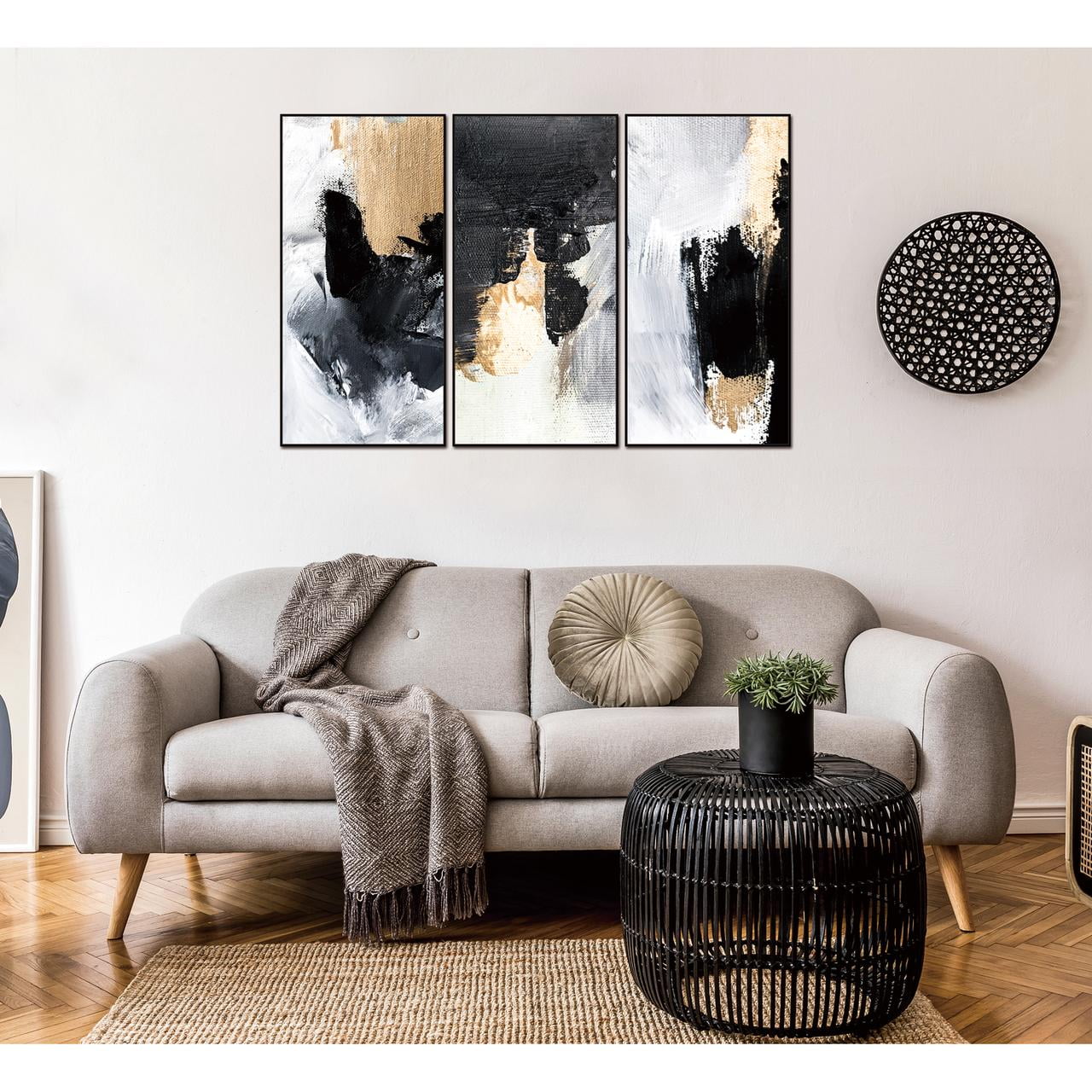 Inez 3-Piece Black and Gold Abstract Canvas Wall Art