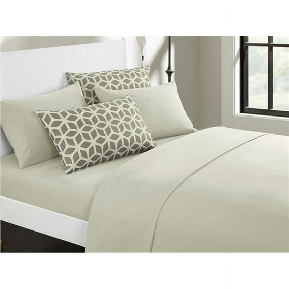 Inez Sheet Set Contemporary Super Soft Solid Color Deep Pocket Design King Size Flat & Fitted Sheets & Bonus Printed Navy Pillowcases, Beige - 6 Piece