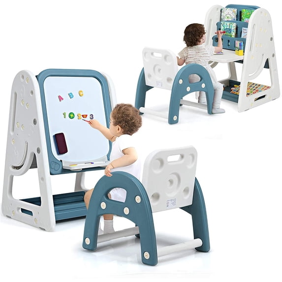 Infans 2 in 1 Kids Easel Desk Chair Set Book Rack Adjustable Art Painting Board Blue