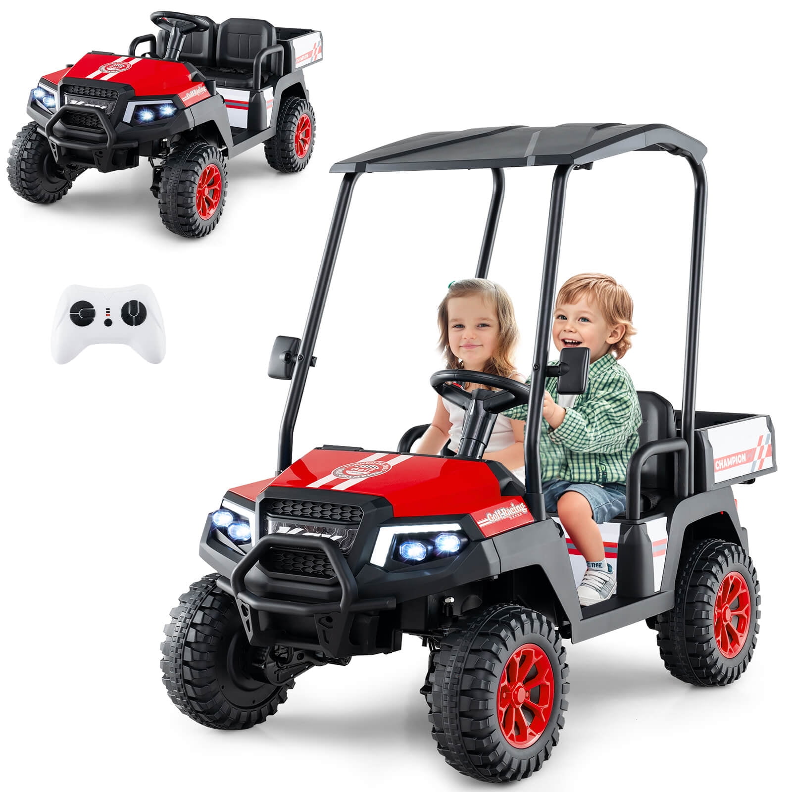 More Ride Cart Infans 24V 7AH Kids Golf Cart 4WD 2 Seater Ride on Car w/ Sun Shade ...