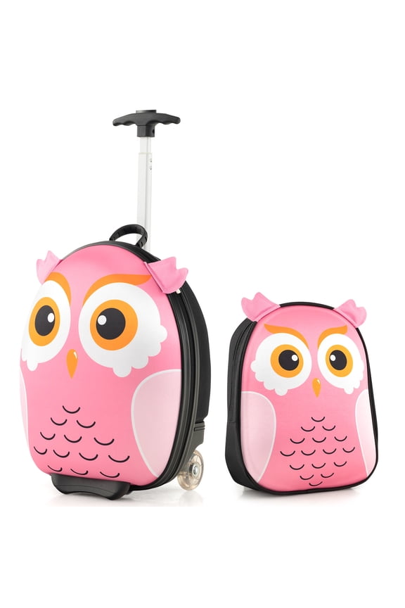 2PCS Kids Carry On Luggage Set 16" Owl Rolling Suitcase w/ 12" Backpack Travel