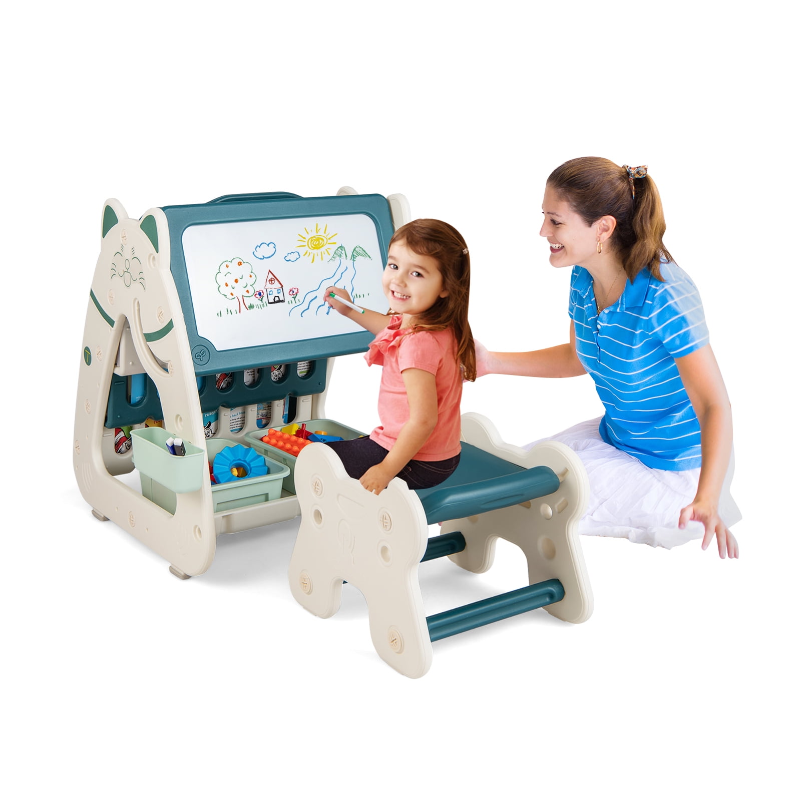 Infans 3-In-1 Kids Art Easel with Stool Magnetic Dry-Erase Board w/ Book Rack Green