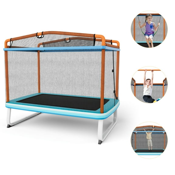 Infans 3-in-1 6FT Rectangle Kids Trampoline W/Swing Horizontal Bar & Safety Net Outdoor