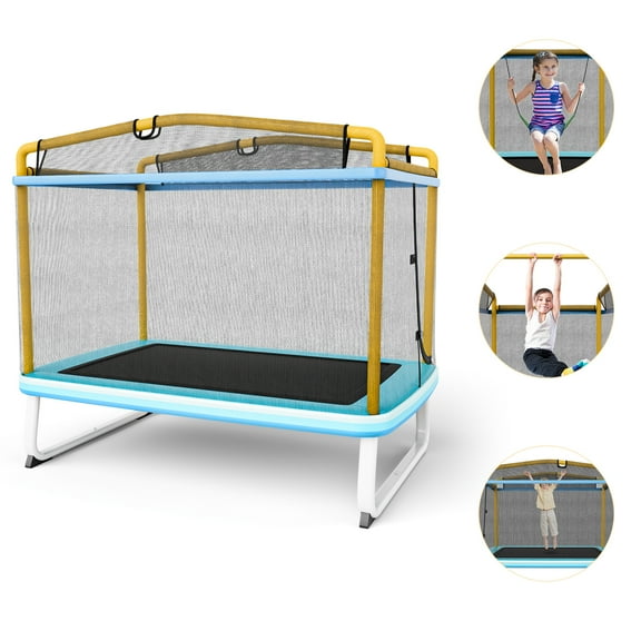 Infans 3-in-1 6FT Rectangle Kids Trampoline W/Swing Horizontal Bar & Safety Net Outdoor