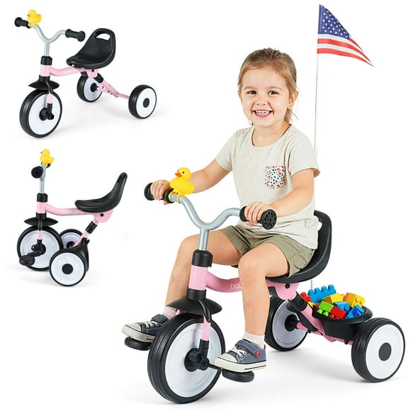 Infans 3-in-1 Kids Tricycle with Lighted Wheels Folding Toddler Trike w/Adjustable Seat