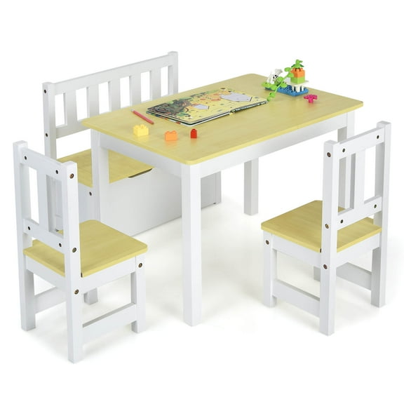Infans 4 PCS Kids Wooden Activity Table & Chairs Set w/Storage Bench Study Desk Natural
