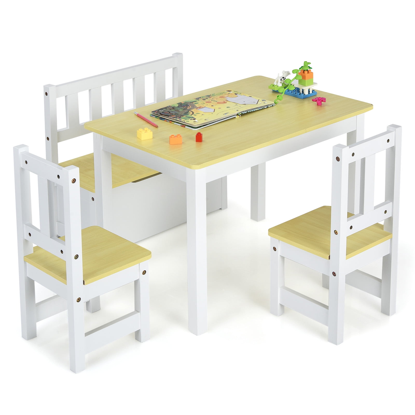 Infans 4 PCS Kids Wooden Activity Table & Chairs Set w/Storage Bench ...