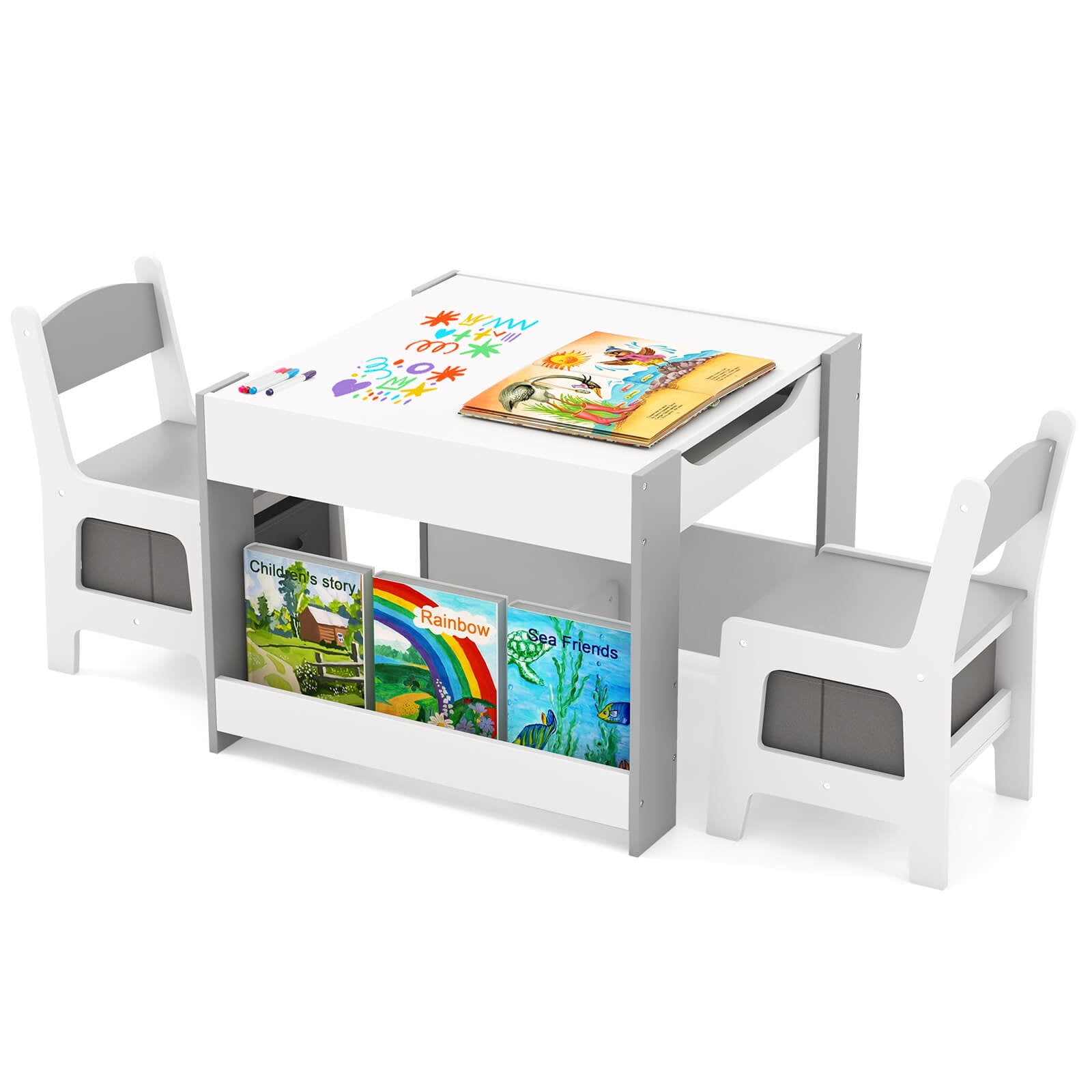 Infans 4-in-1 Kids Table & Chair Set Toddler Wooden Activity Table w/ Side Bookshelves