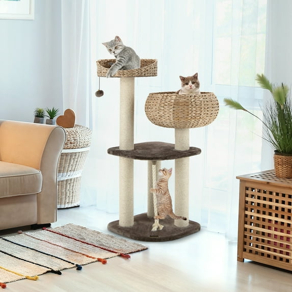 Infans 41" Rattan Cat Tree Cat Activity Tree w/Napping Perch & Hanging Rope
