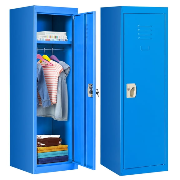 Infans 48" Metal Storage Locker, Children Daycare Coat Locker w/ Hanging Rod & Shelf, 2-Tier Safe Storage Locker Cabinet w/ 2 Keys and Lock, Blue