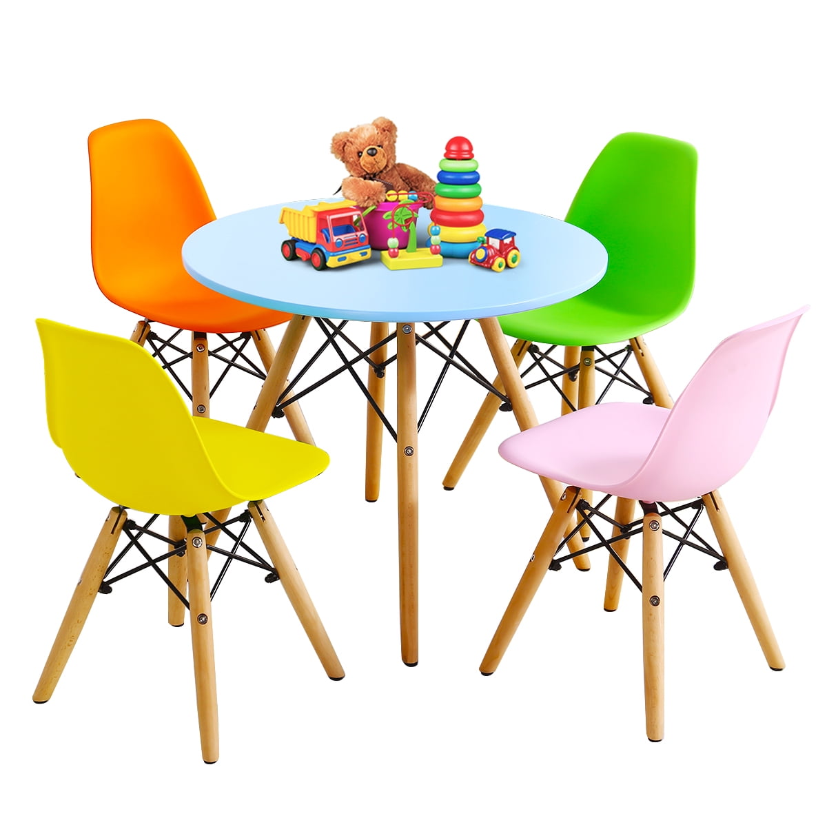 Infans 5 Piece Kids Mid-Century Modern Color Round Table Chair Set w/ 4 ...