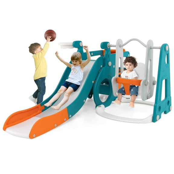 Infans 5-in-1 Toddler Slide Set w/ Basketball Hoop and Swing Baby Slide Playset Indoor