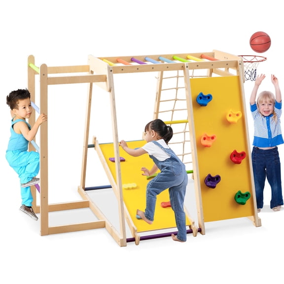 Infans 6-in-1 Jungle Gym w/Slide Rock Climbing Basketball Hoop Monkey Bar Rope Net