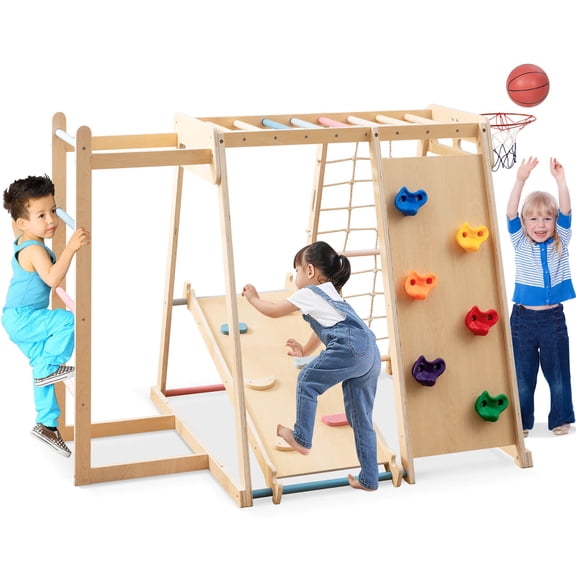 Infans 6-in-1 Jungle Gym w/Slide Rock Climbing Basketball Hoop Monkey Bar Rope Net