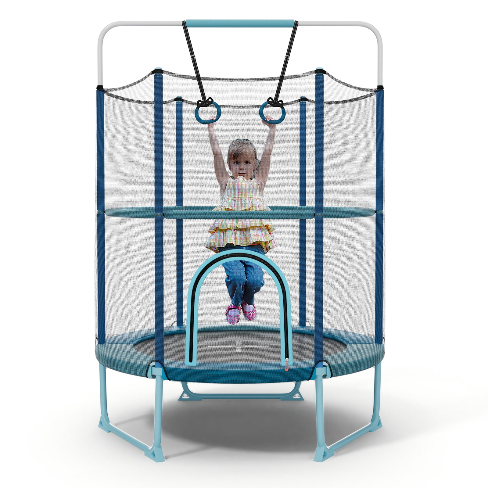 Infans 60" Trampoline for Kids w/Gymnastic Bar Rings Foamed Handle No Gap Design Blue