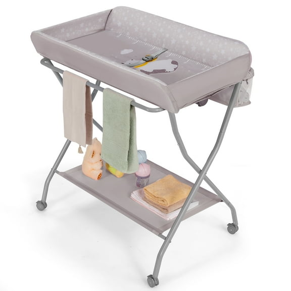 Infans Baby Changing Table Folding Diaper Changing Station w/ Safety Belt & Wheels Grey