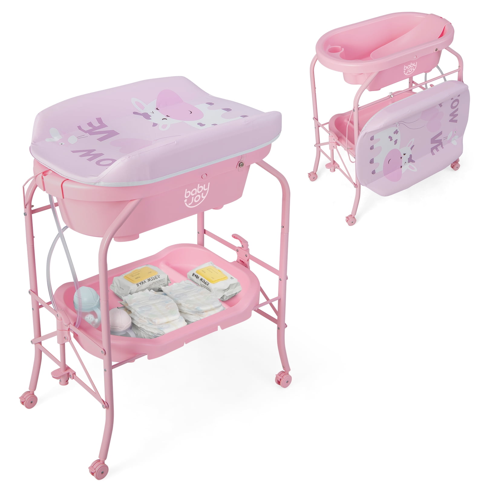Infans Baby Changing Table w/Bathtub, Folding & Portable Diaper Station w/Wheels Pink