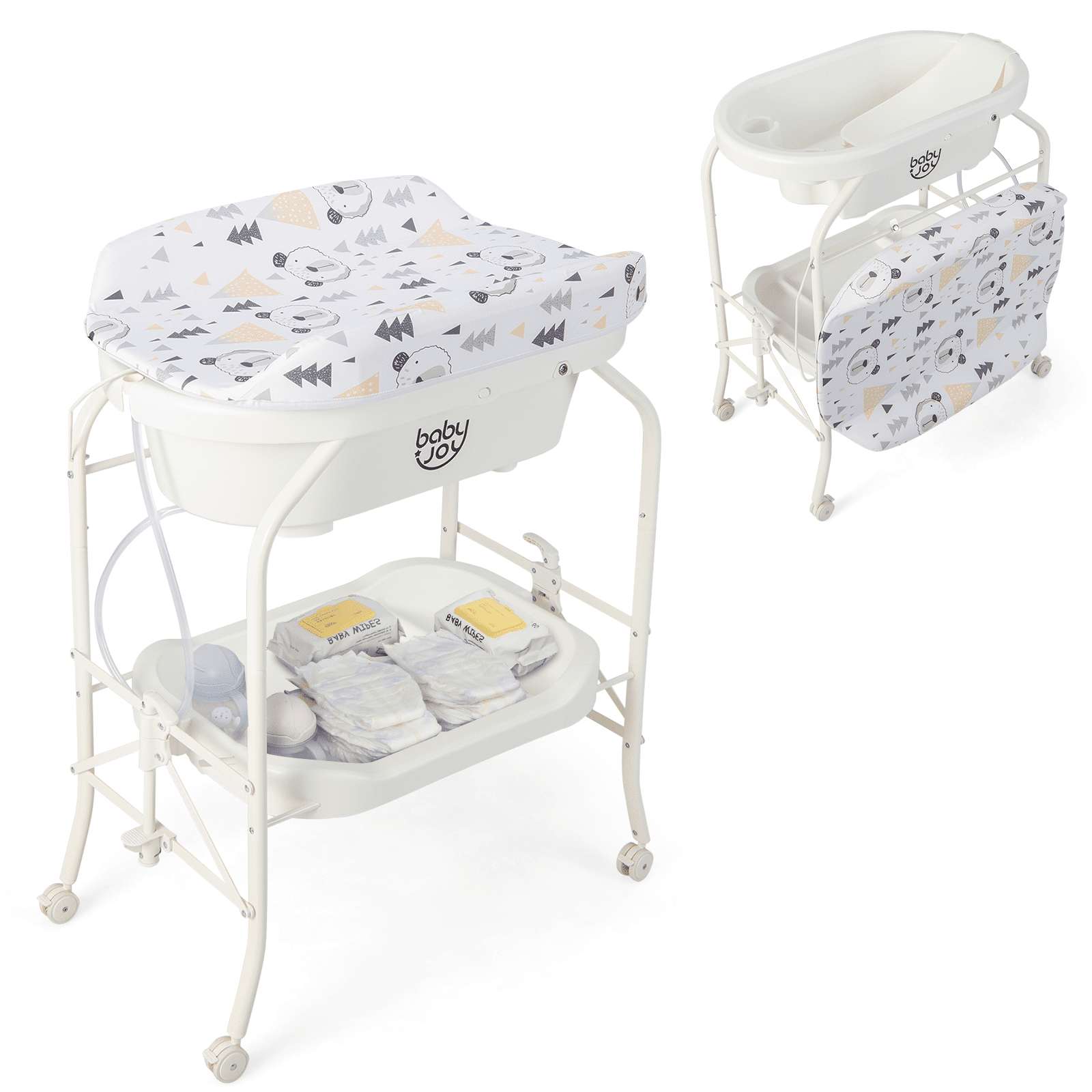 Infans Baby Changing Table w/Bathtub, Folding & Portable Diaper Station w/Wheels White