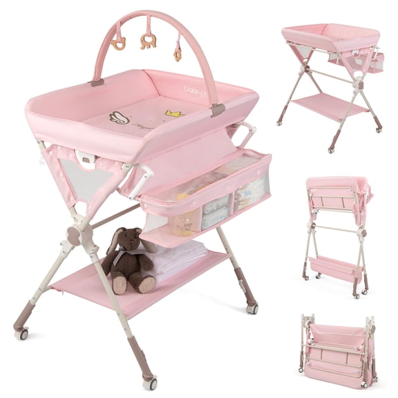 Infans Baby Changing Table w/Storage Bag Shelf Toys Lockable Wheels Adjustable Heights