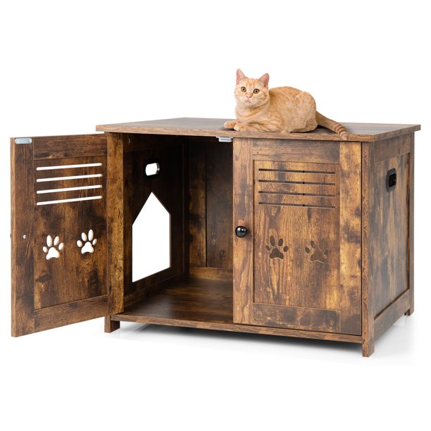 Infans Cat Litter Box Enclosure Nightstand Cat House w/ Double Doors