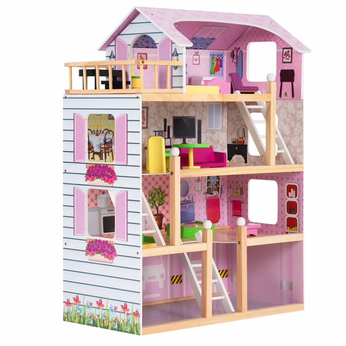 Infans Doll Cottage Dollhouse w/ Furniture Kids Wood House Playset