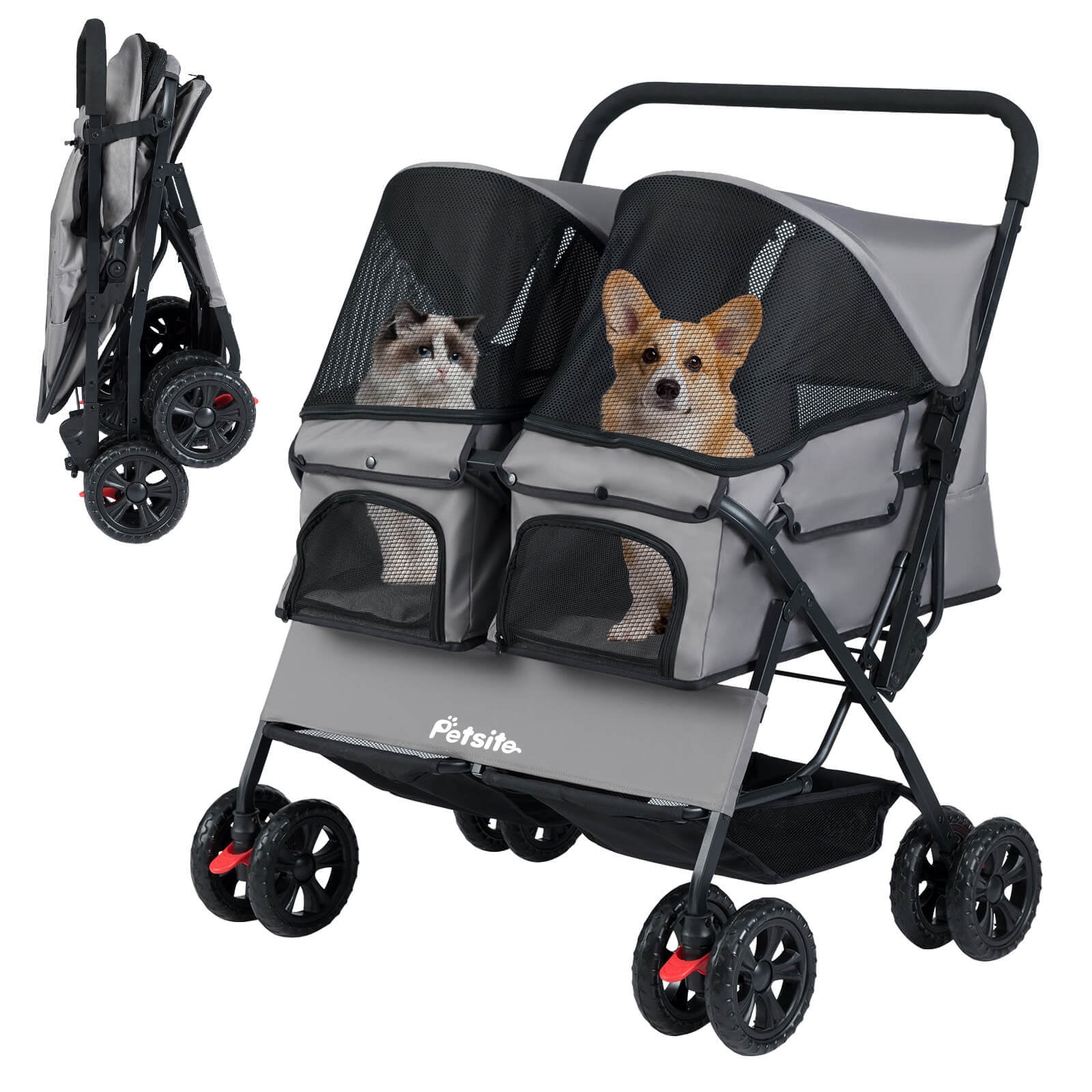 Infans Double Pet Stroller w/ 2-seater Carrier, Adjustable Sunshade,  Removable Pad
