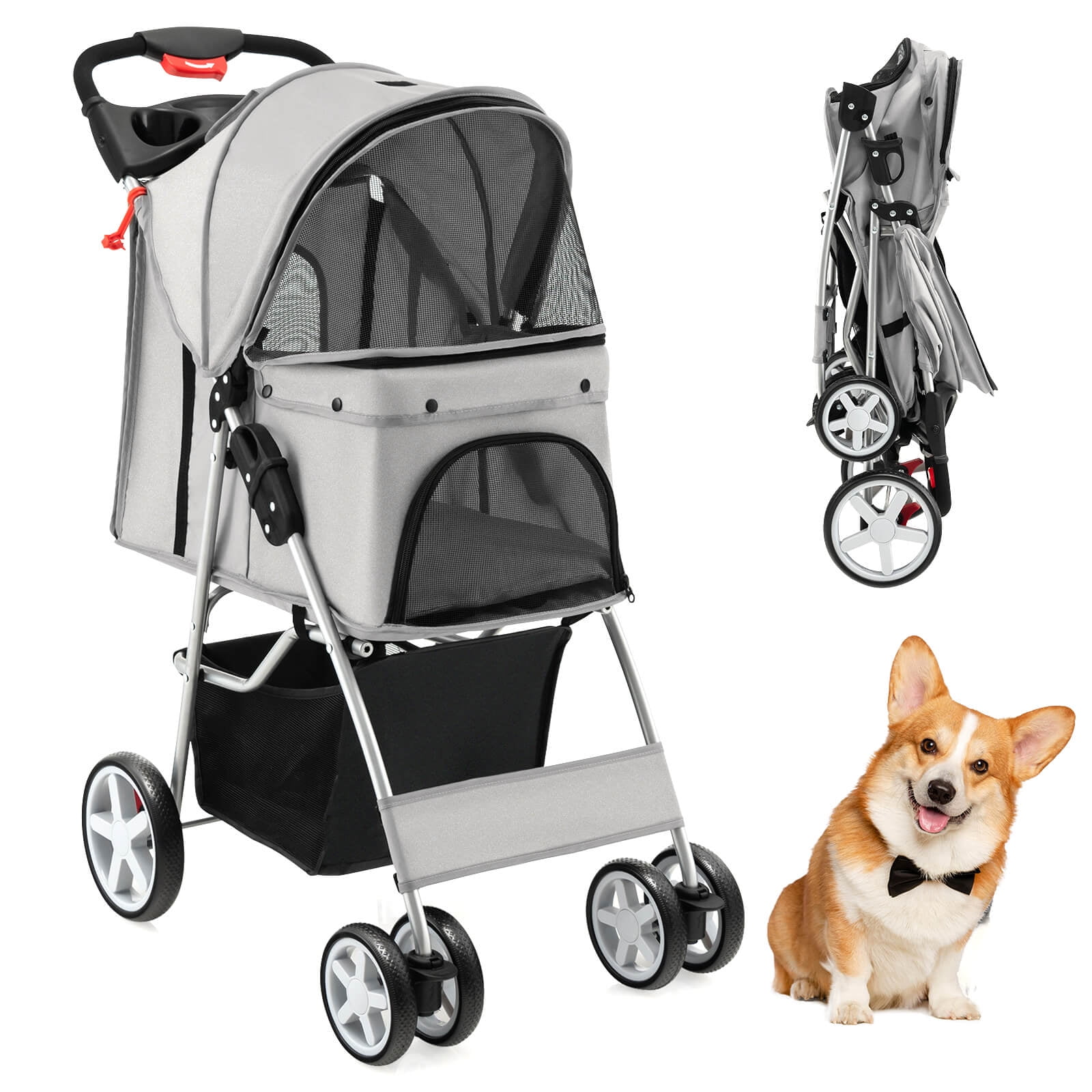 Gray Folding Pet Stroller with Mesh Windows and Storage Basket
