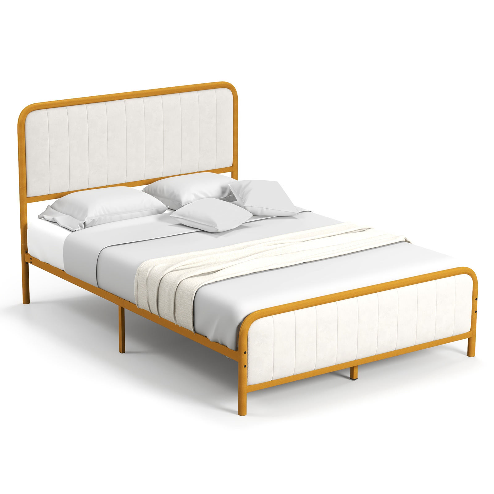 Infans Full Gold Metal Bed Frame Upholstered Platform Bed with Velvet Headboard